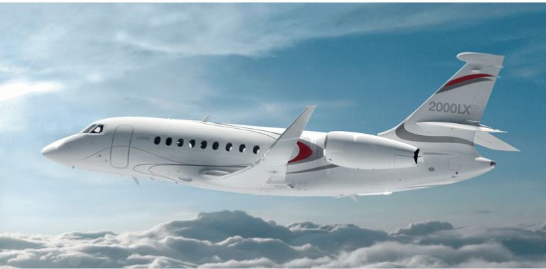 falcon 2000 provate jet above the clouds