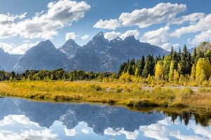 Jackson Hole Guide: View of the Grand Teton Mountains from Schwabacher Landing on the Snake River. Grand Teton National Park, Wyoming, United States.