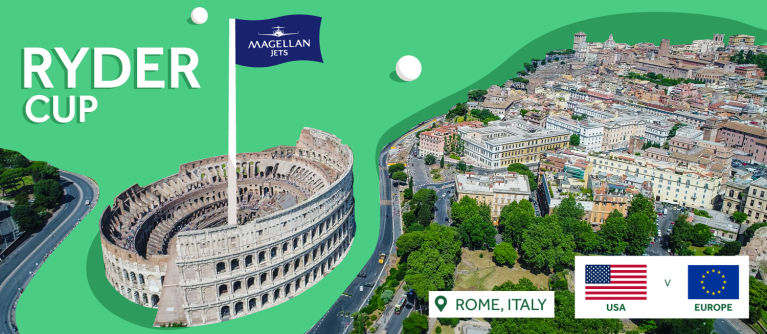 Ryder Cup 2023 banner image. Book a charter flight to Rome, Italy for the 2023 Ryder Cup.