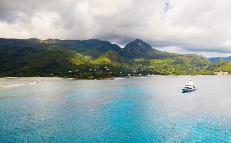 Aerial view of tropical coastline and blue ocean. Seychelles islands