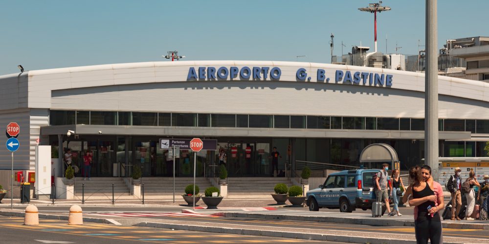 Rome, Italy - July 1, 2020: Airport entrance of Rome—Ciampino International Airport "G. B. Pastine" (IATA: CIA, ICAO: LIRA), the secondary international airport of Rome.
