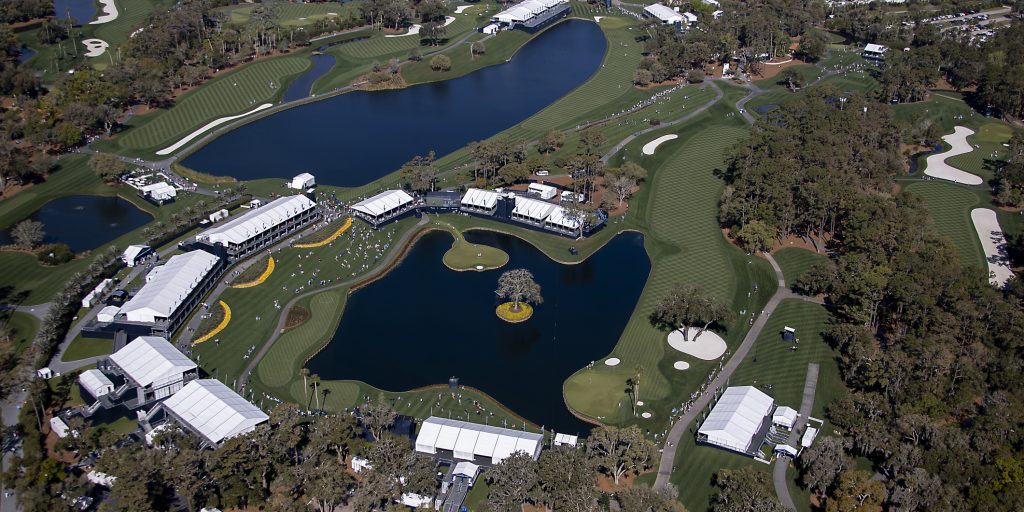 Aerial view of hole 16,17 and 18 at Players Stadium Course Sawgrass Ponte Vedra Beach Florida photograph taken March 2021